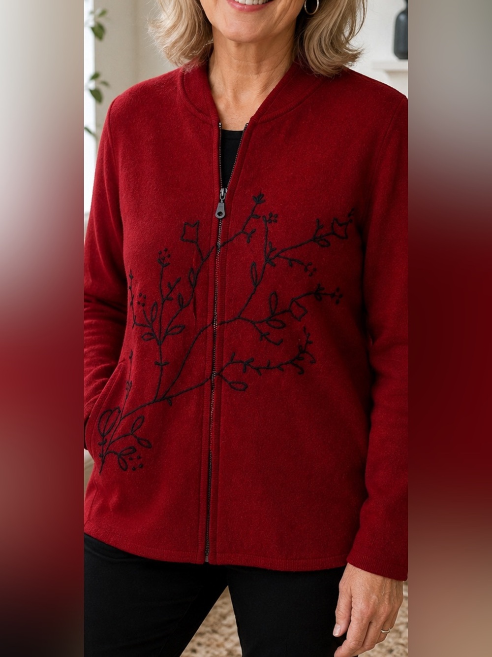 100% Wool Dense Felted Full Zip Sweater Jacket Floral Coldwater Creek Women L